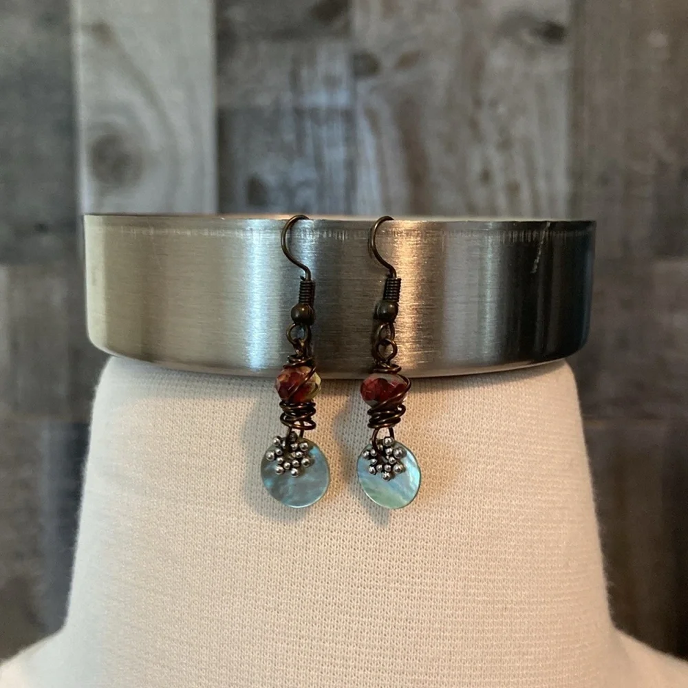 Handcrafted abalone shell dangle earrings beaded festival boho vacation jewelry